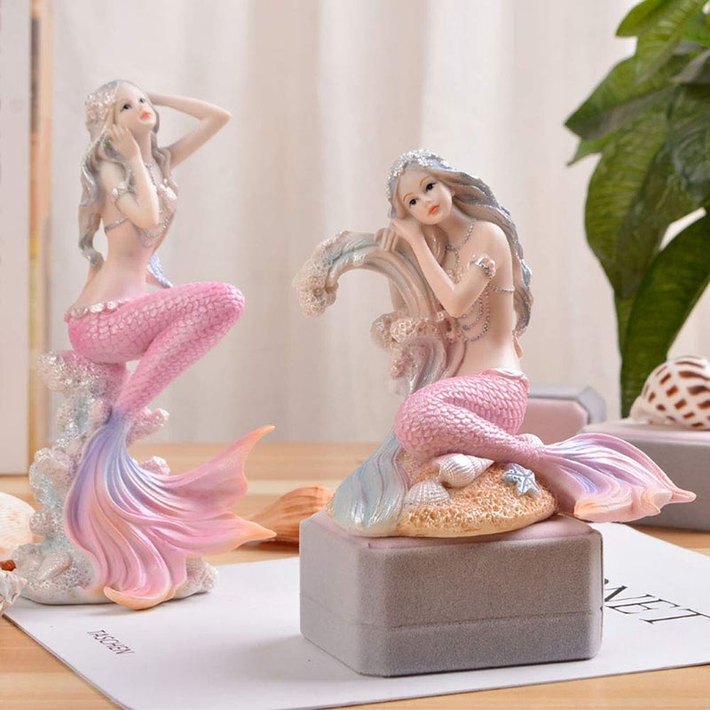 Rayberro Pink Mermaid Figurines 4.72" Resin Mermaid Sculpture Mediterranean Princess Ornaments Home Office Desktop Bookshelf Mermaid Collectible Figurines Crafts Fish Tank Aquarium Decoration - Image 5